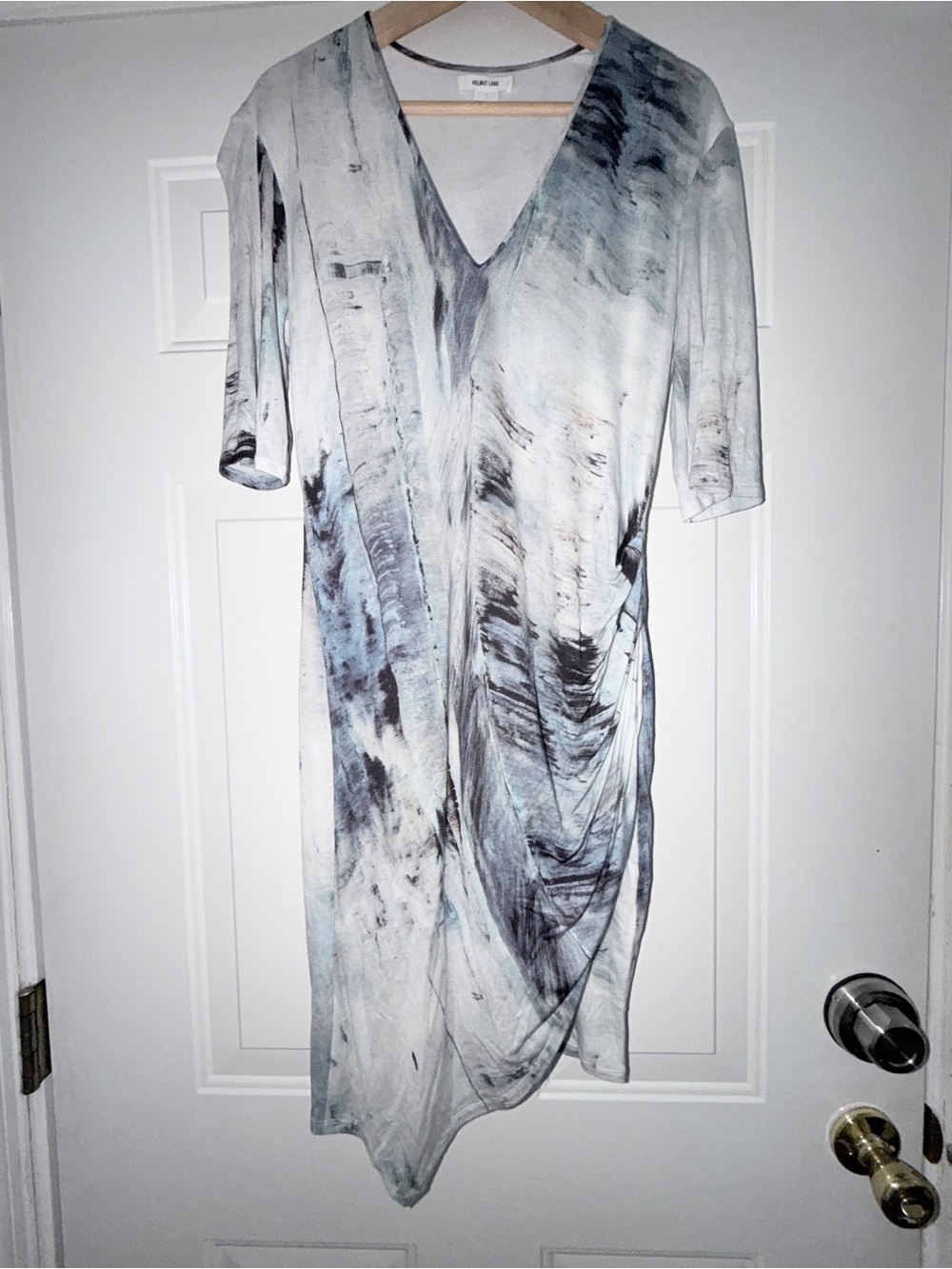 Helmut Lang Light Blue & Gray V-Neck Draped Midi Dress. Size m